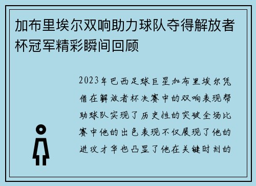 加布里埃尔双响助力球队夺得解放者杯冠军精彩瞬间回顾