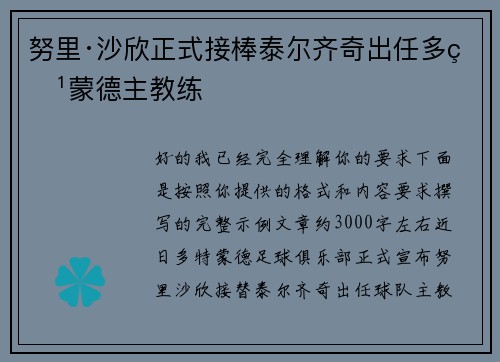 努里·沙欣正式接棒泰尔齐奇出任多特蒙德主教练