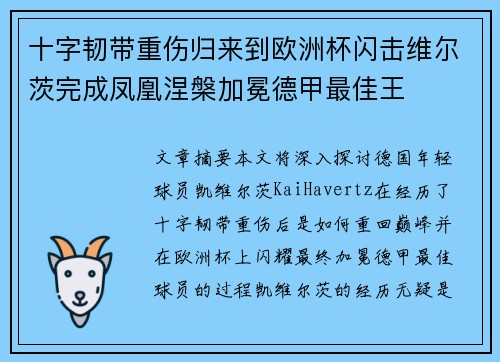 十字韧带重伤归来到欧洲杯闪击维尔茨完成凤凰涅槃加冕德甲最佳王