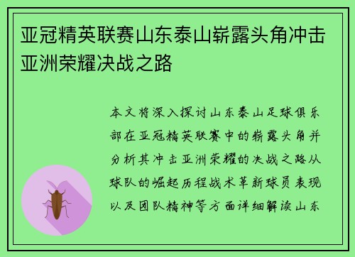 亚冠精英联赛山东泰山崭露头角冲击亚洲荣耀决战之路
