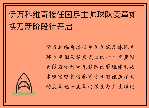 伊万科维奇接任国足主帅球队变革如换刀新阶段待开启